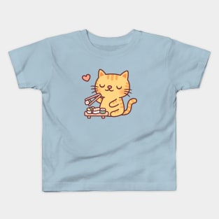 Cute Tabby Cat Loves Japanese Sushi Kids T-Shirt